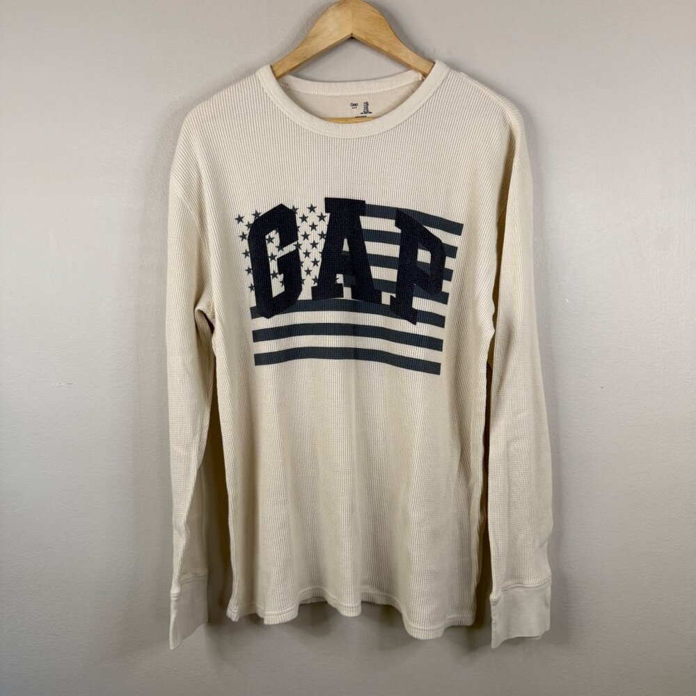 Gap Waffle Knit Long Sleeve Beige Shirt With Navy Logo & Flag Graphic Mens XL